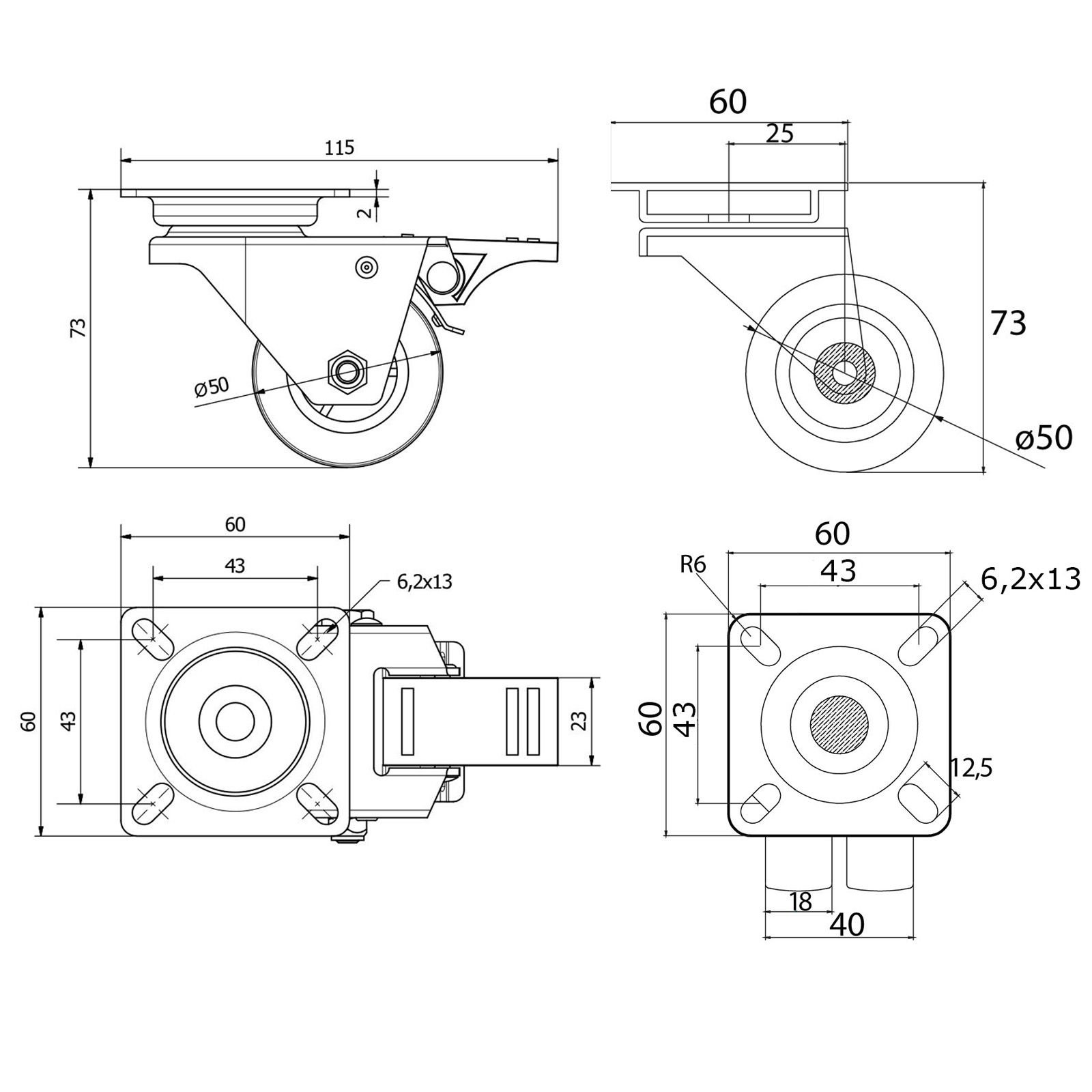 Roulette pivotante avec frein 72x42x115mm – Innovex Pièces